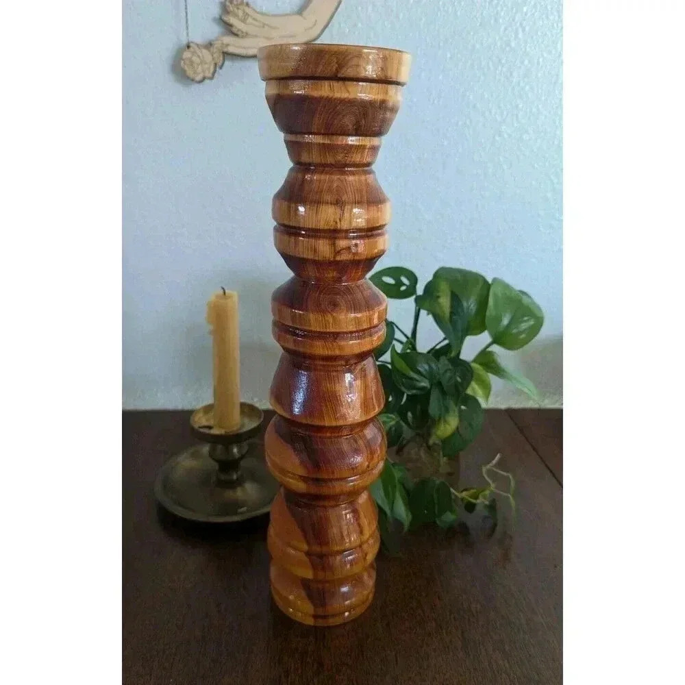 Wood Candlestick Holder Hand Carved‎ Turned Wooden Vase 14.5" Inches